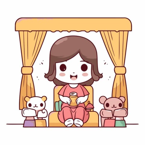 Illustration of a little girl sitting on a sofa and eating ice c