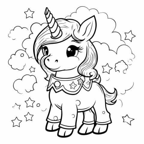 Black and White Cartoon Illustration of Cute Unicorn Animal Char