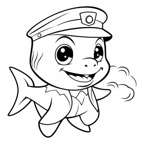 Black and White Cartoon Illustration of Cute Fish Policeman Anim