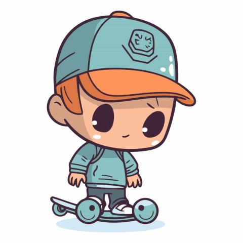 Boy riding scooter vector illustration. Cute cartoon boy riding