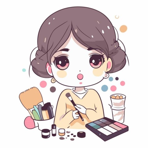 Illustration of a cute little girl doing her make-up.