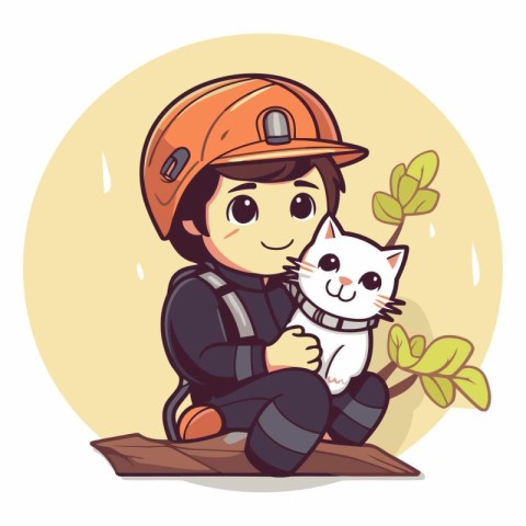 Illustration of a Cute Little Boy Wearing a Helmet Holding a Cat