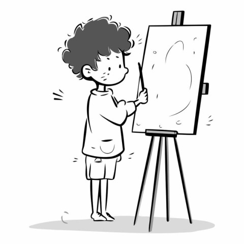 Cartoon illustration of a boy painting a picture on easel.