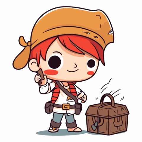 Cute little boy with pirate costume and treasure chest.