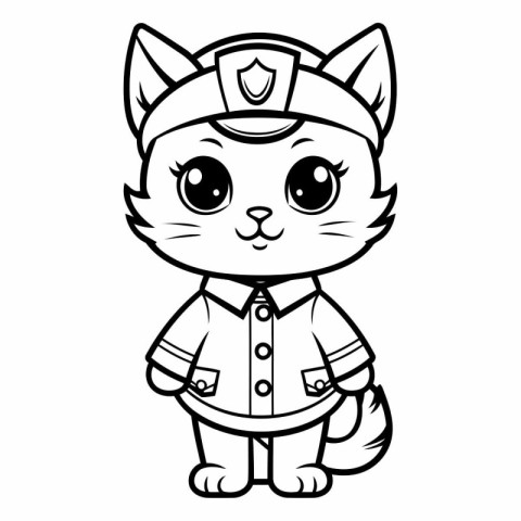 Black and White Cartoon Illustration of Cute Cat Pilot Character