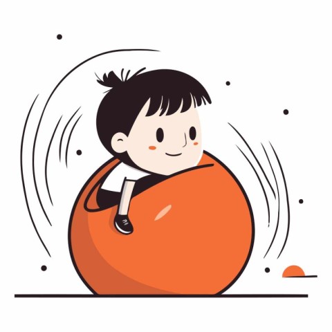 Cute little boy playing with big orange ball.