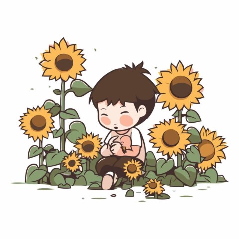 Little boy playing with sunflowers. Cute cartoon vector illustra