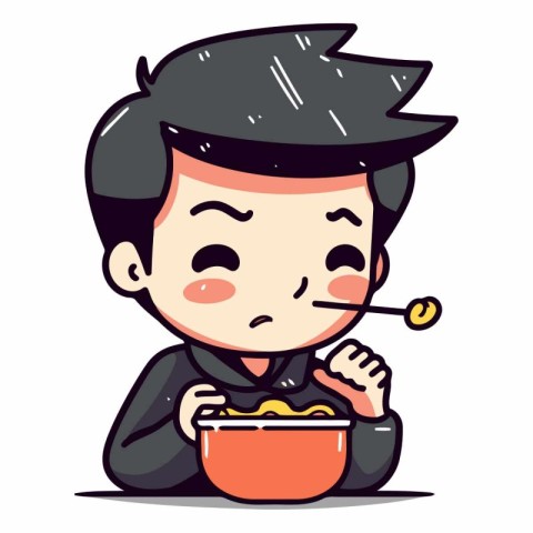 Boy eating noodle with chopsticks in cartoon style.