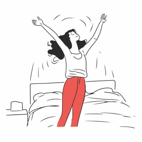 Happy woman waking up in the morning of a girl in bed.