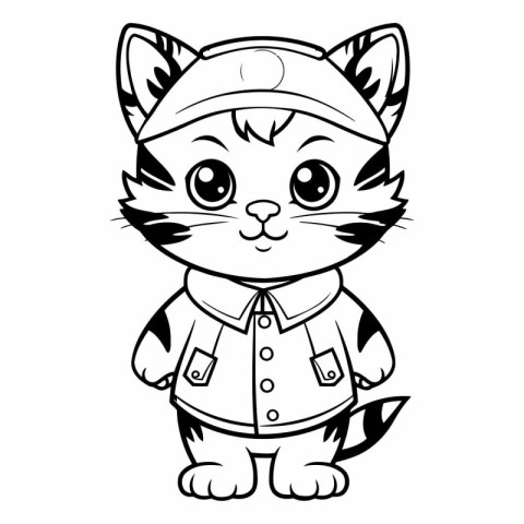 Black and White Cartoon Illustration of Cute Cat Mascot Characte