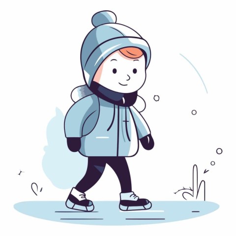 Little boy walking on ice in a flat style.