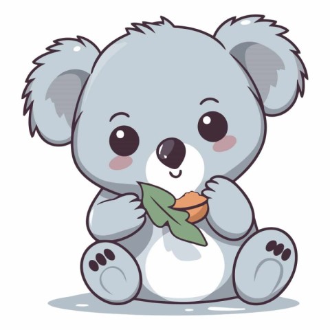 Cute cartoon koala sitting and holding a leaf.