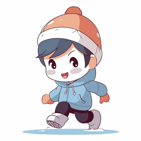 Cute little boy in winter clothes walking on ice.