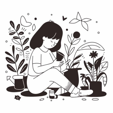 Girl sitting in the garden with a pot of flowers