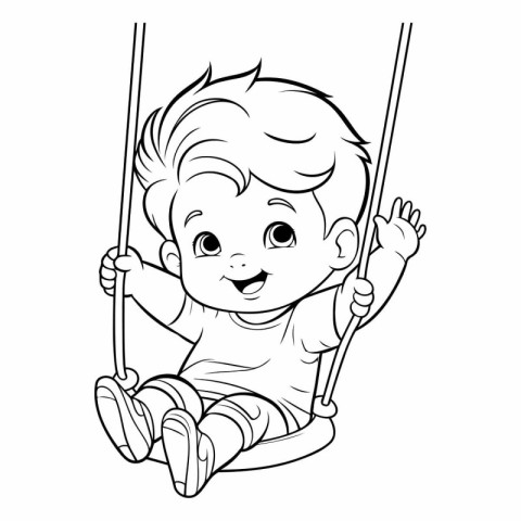 Cute baby boy swinging on a swing for coloring book.