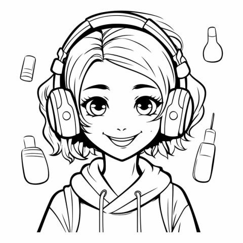 Girl listening to music with headphones in black and white.