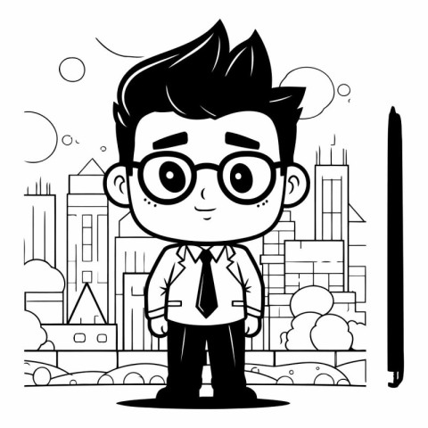 Businessman cartoon character in black and white vector illustra