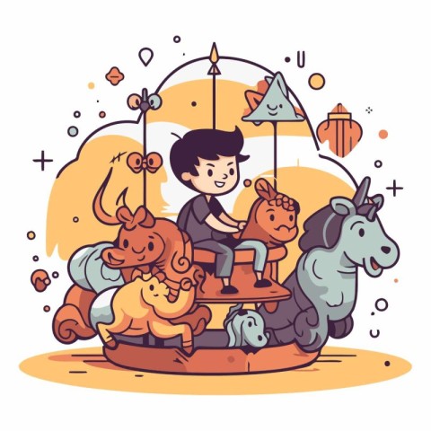 Vector illustration of a boy riding a horse on a merry go round