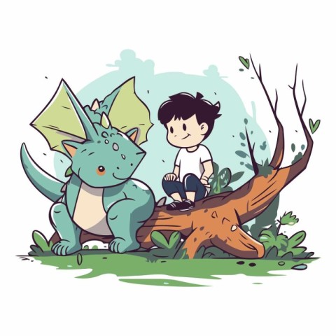 Cute little boy playing with dinosaur in the jungle.