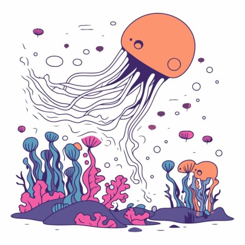 Jellyfish. Underwater world in cartoon style.