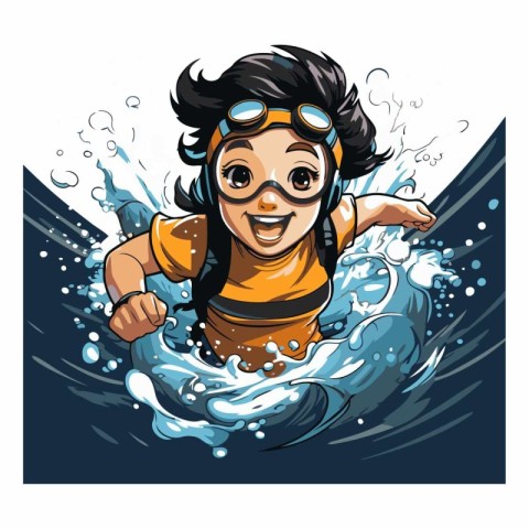 Vector illustration of a boy in a diving suit and goggles swimmi