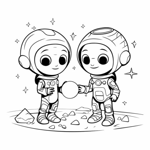 Astronaut boy and girl in space for coloring book