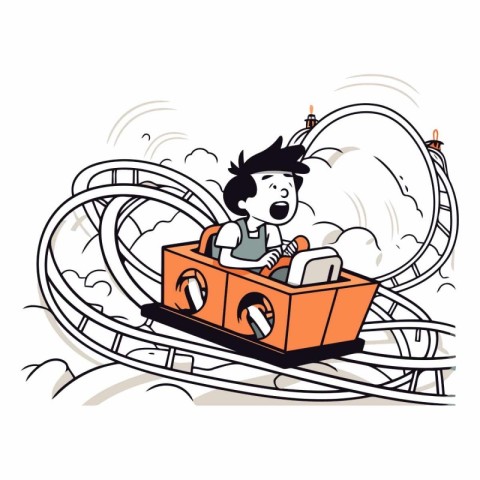 Cartoon illustration of a man riding a roller coaster in amuseme