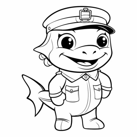 Black and White Cartoon Illustration of Cute Little Fish Captain