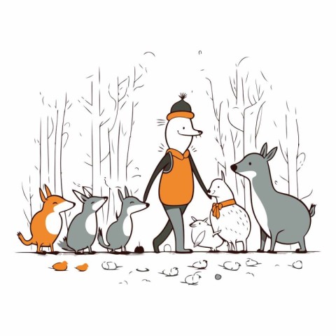 Vector illustration of a man walking with his dogs in the forest