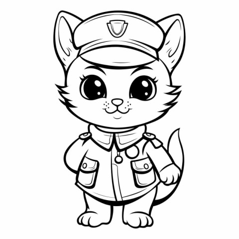 Black and White Cartoon Illustration of Cute Cat Police Animal C