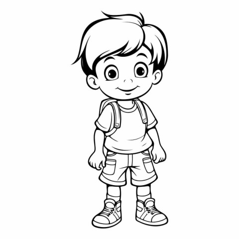 Cute little boy with backpack for coloring book.