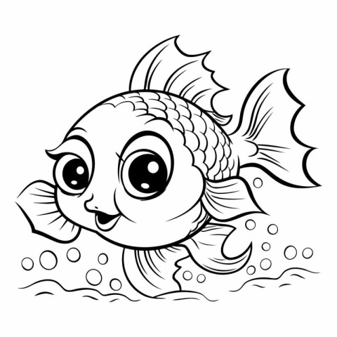 Black and White Cartoon Illustration of Cute Fish Animal Charact