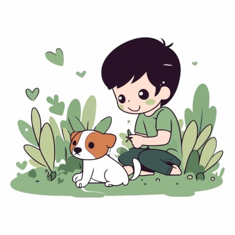 Boy playing with his dog in the garden. Cute cartoon vector illu