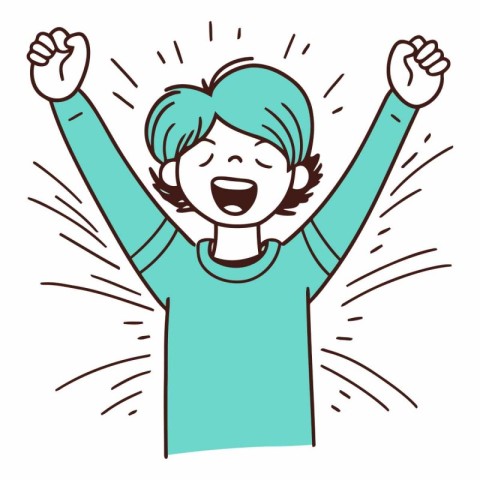 Cartoon illustration of happy woman raising her hands and celebr