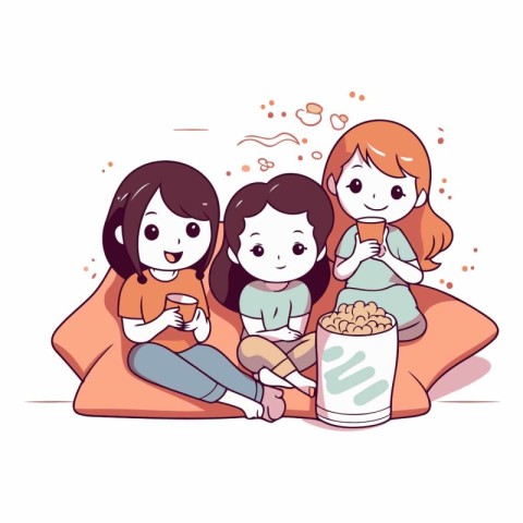 Mother and daughter sitting on the sofa with popcorn.