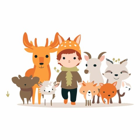 Cute little boy with a group of animals.