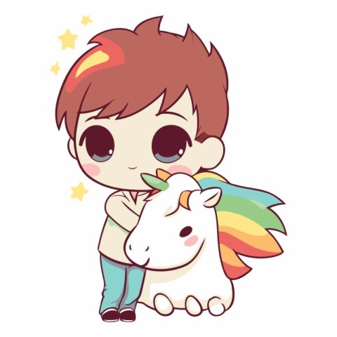 Cute little boy with unicorn and rainbow on white background.