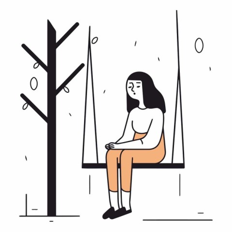 Sad girl sitting on a swing in the park.