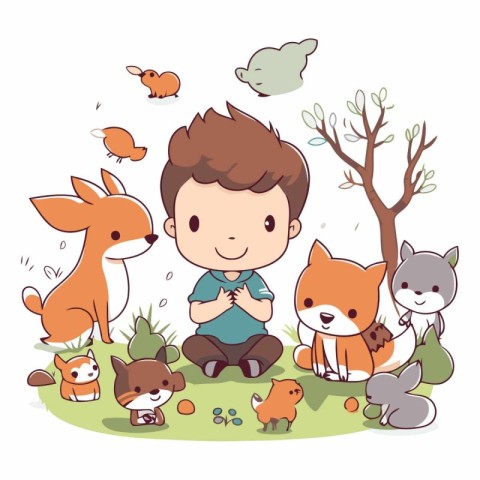 cute boy playing with animals in the garden vector illustration