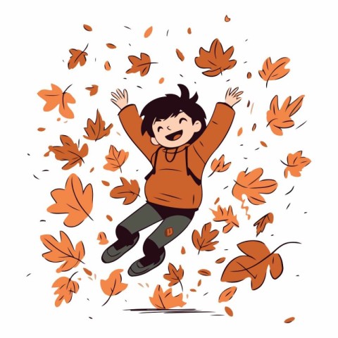 Happy little boy jumping in autumn leaves on white background.