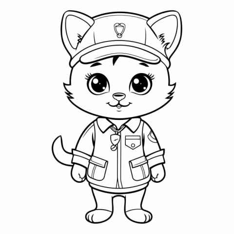 Black and White Cartoon Illustration of Cute Cat Police Officer