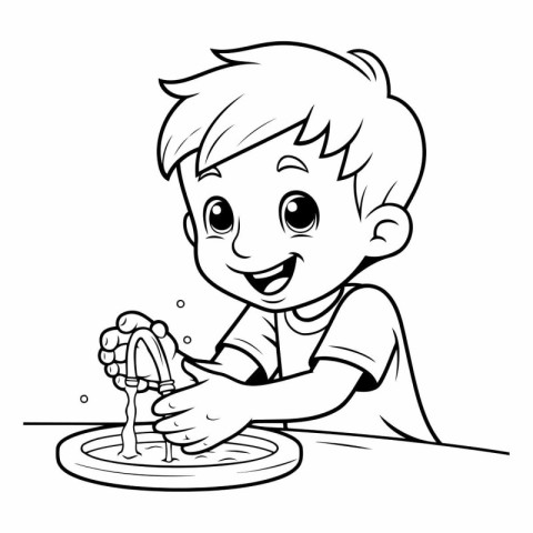 Boy washing his hands with a faucet - Coloring book