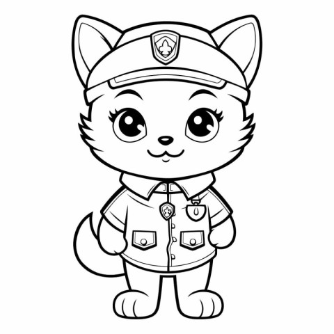 Black and White Cartoon Illustration of Cute Cat Police Characte