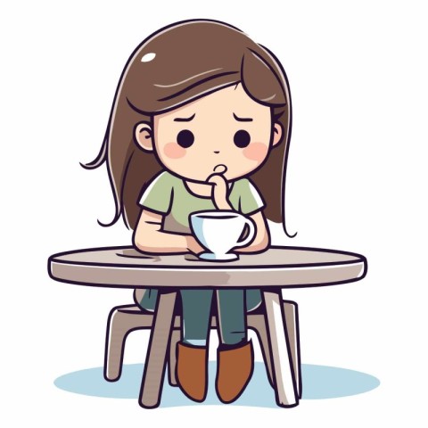 Cute little girl sitting at the table and drinking coffee.