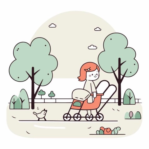 Mother walking with baby stroller in the park.