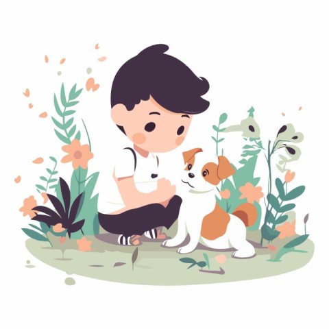 Boy playing with dog in the garden. Cute cartoon vector illustra