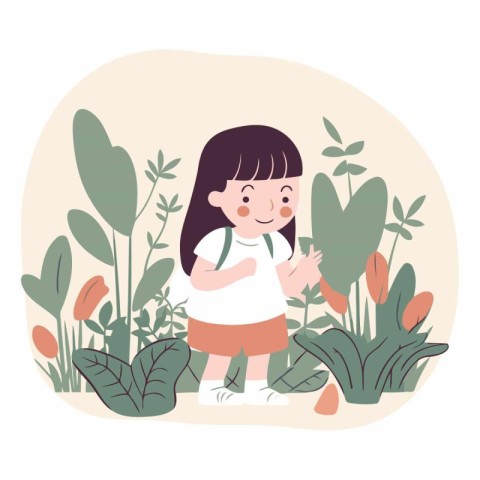 Cute little girl playing with plants in cartoon style.