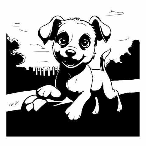 Black and white vector illustration of a cute dog standing in th