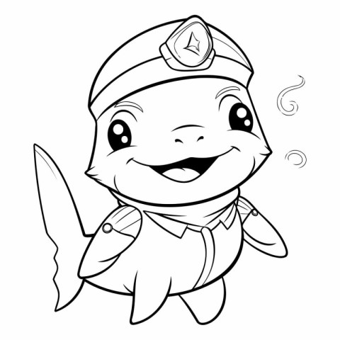 Black and White Cartoon Illustration of Cute Fish Captain Charac