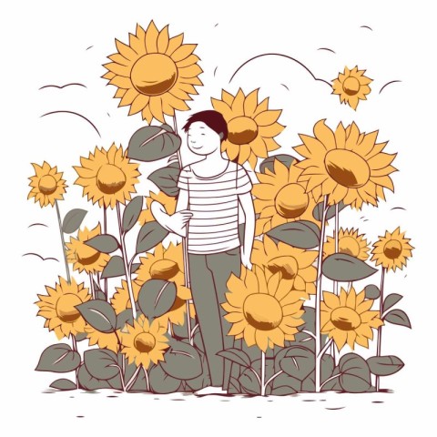 Cute boy with sunflowers in cartoon style.